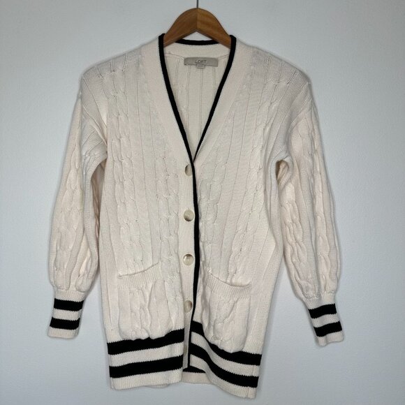 Loft Tipped V-Neck Pocket Cardigan Sweater Size XS Cream Black Cable Knit - Picture 1 of 8